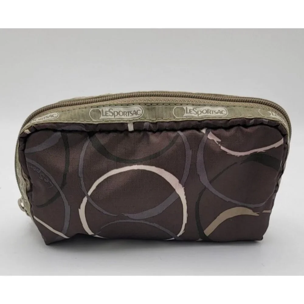 LeSportsac Zippered Cosmetic Pouch / Small Travel Bag – Brown & Olive Abstract P - Picture 3 of 8